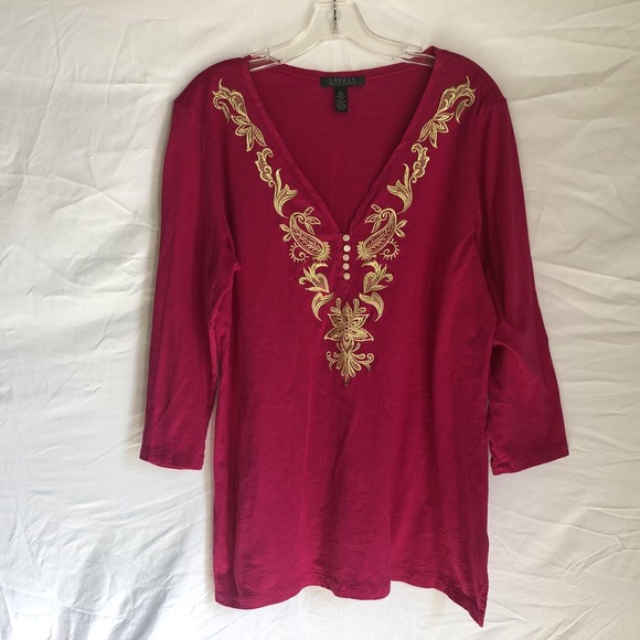 Lauren Ralph Lauren Tops - Lauren Ralph Lauren Shirt Womens XL Pink Embroidered V Neck Tunic 3/4 Sleeve